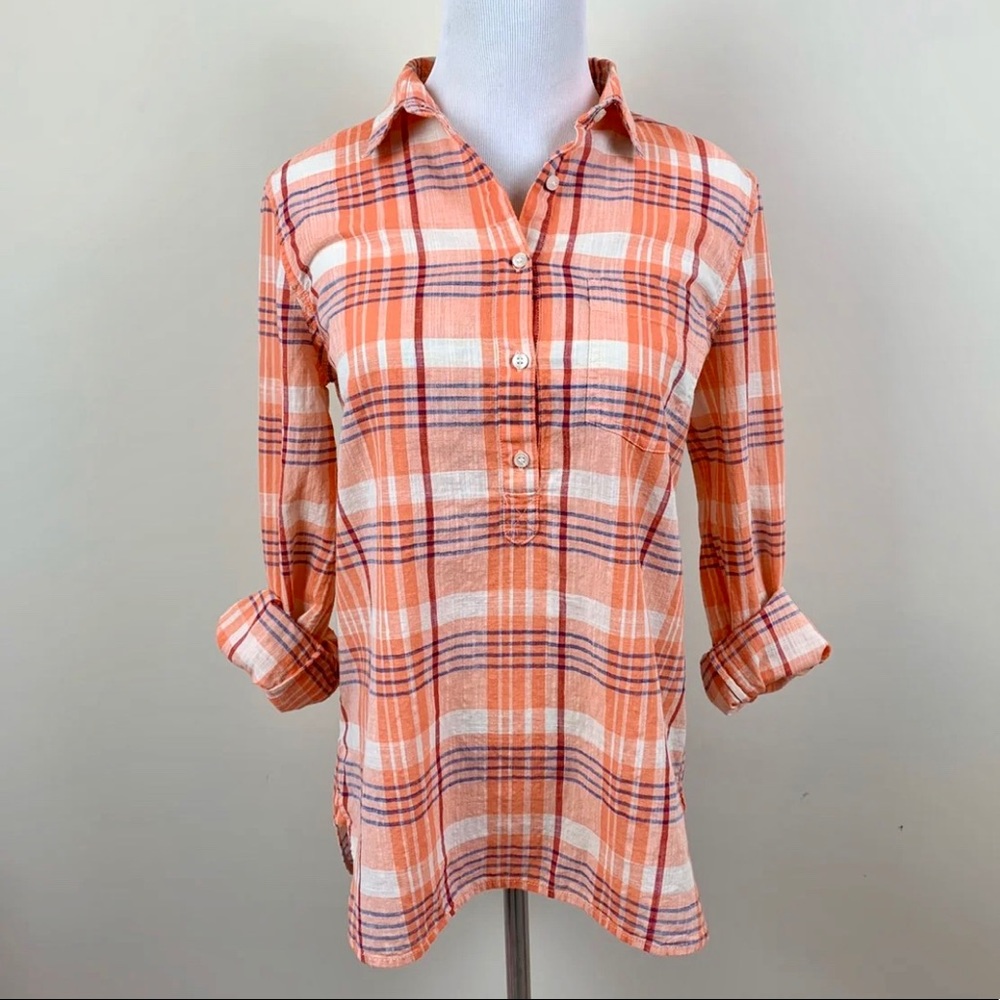 J. Crew XS Plaid Popover Tunic Shirt Orange Blue Cotton High-Low Hem Long Sleeve